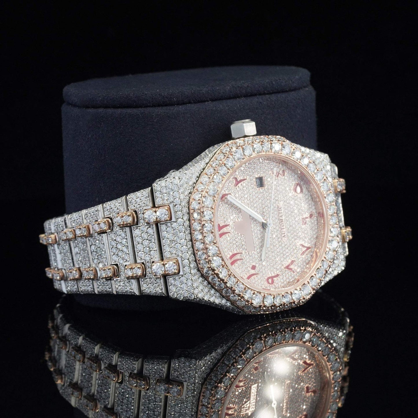 Classic Fully Iced Out Moissanite Diamond Watch โ Two-Tone Luxury VVS Bust down Bling Watch with Automatic Movement