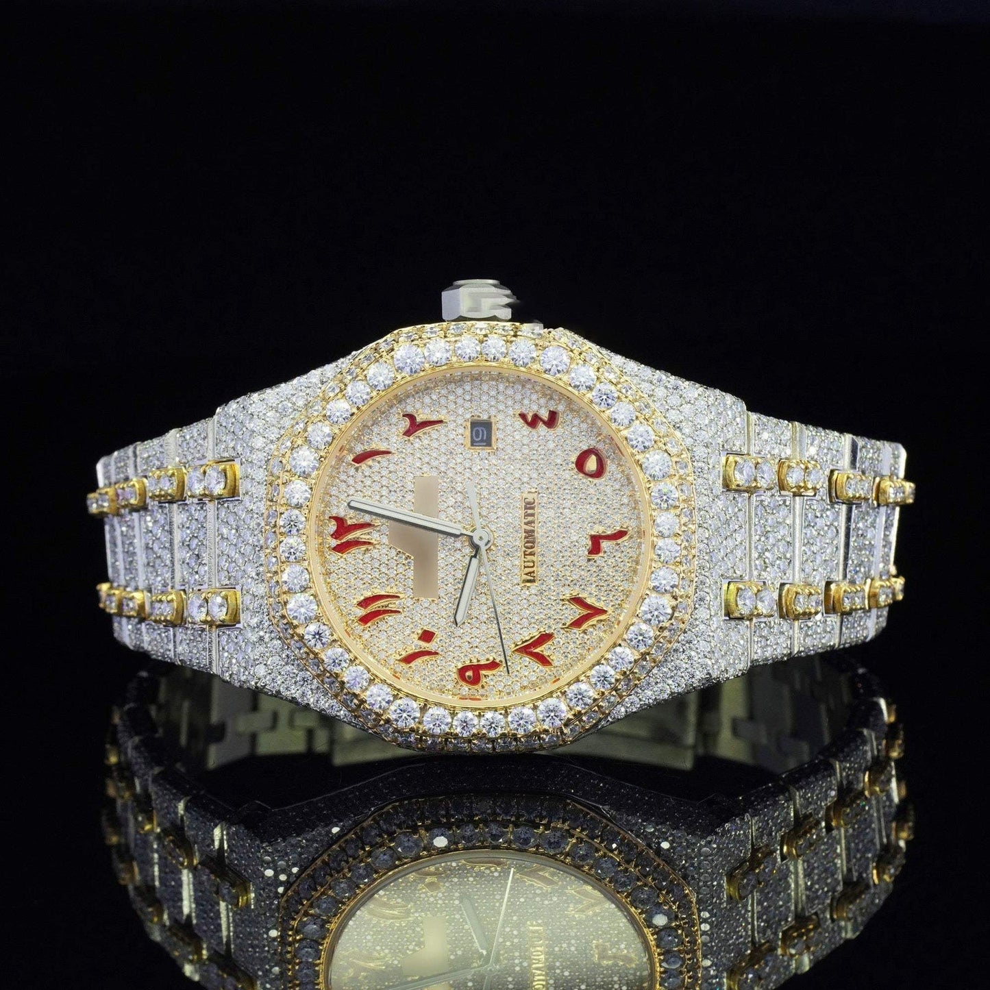 Classic Fully Iced Out Moissanite Diamond Watch โ Two-Tone Luxury VVS Bust down Bling Watch with Automatic Movement