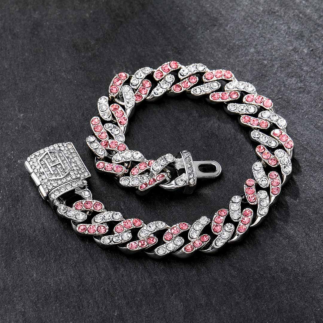 "10mm Moissanite White & Pink Stones Cuban Link Bracelet – Iced Out VVS Diamond-Look Hip Hop Jewelry for Men & Women"