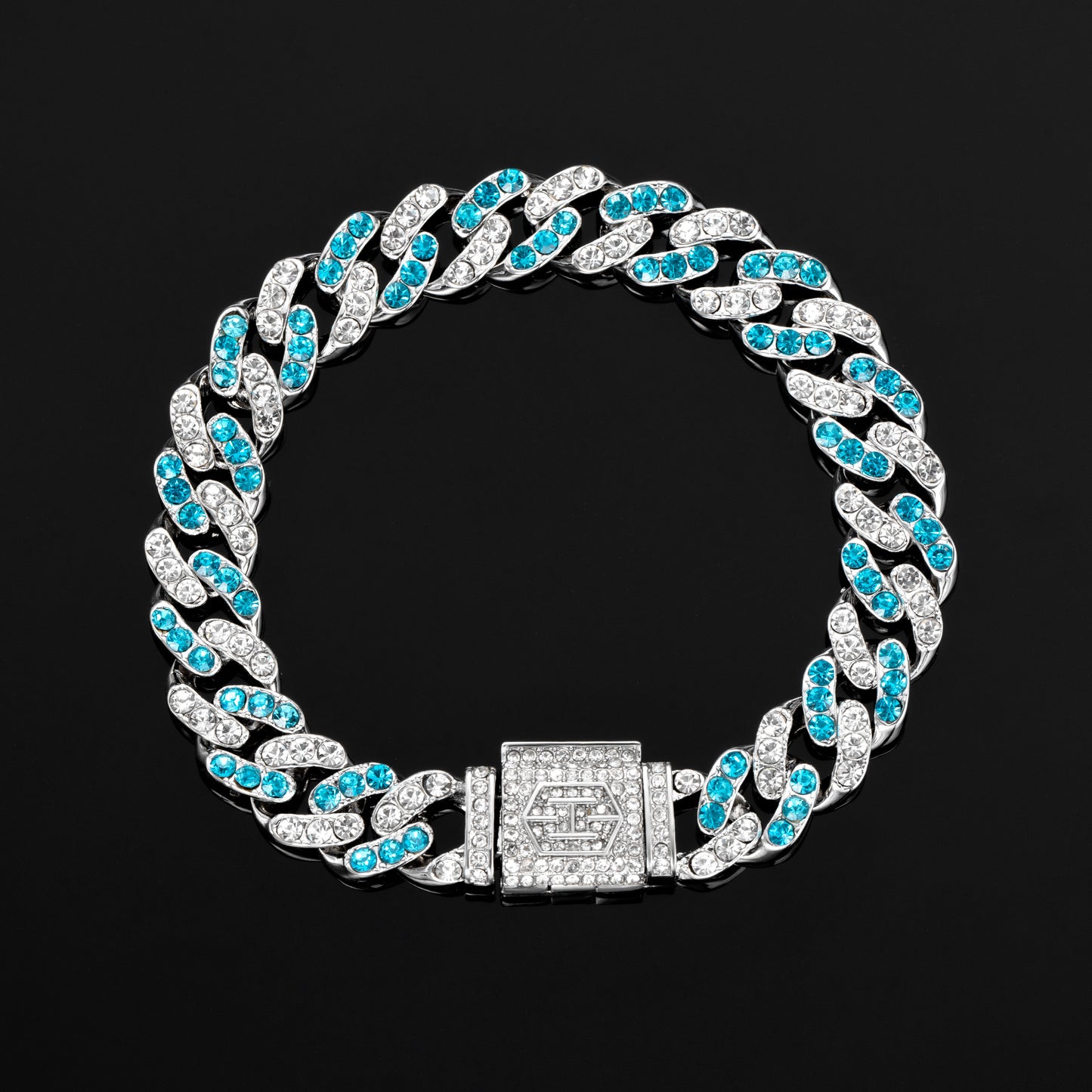 "10mm Moissanite Blue & White Stones Cuban Link Bracelet in White Gold – Iced Out VVS Diamond-Look Hip Hop Jewelry for Men & Women"