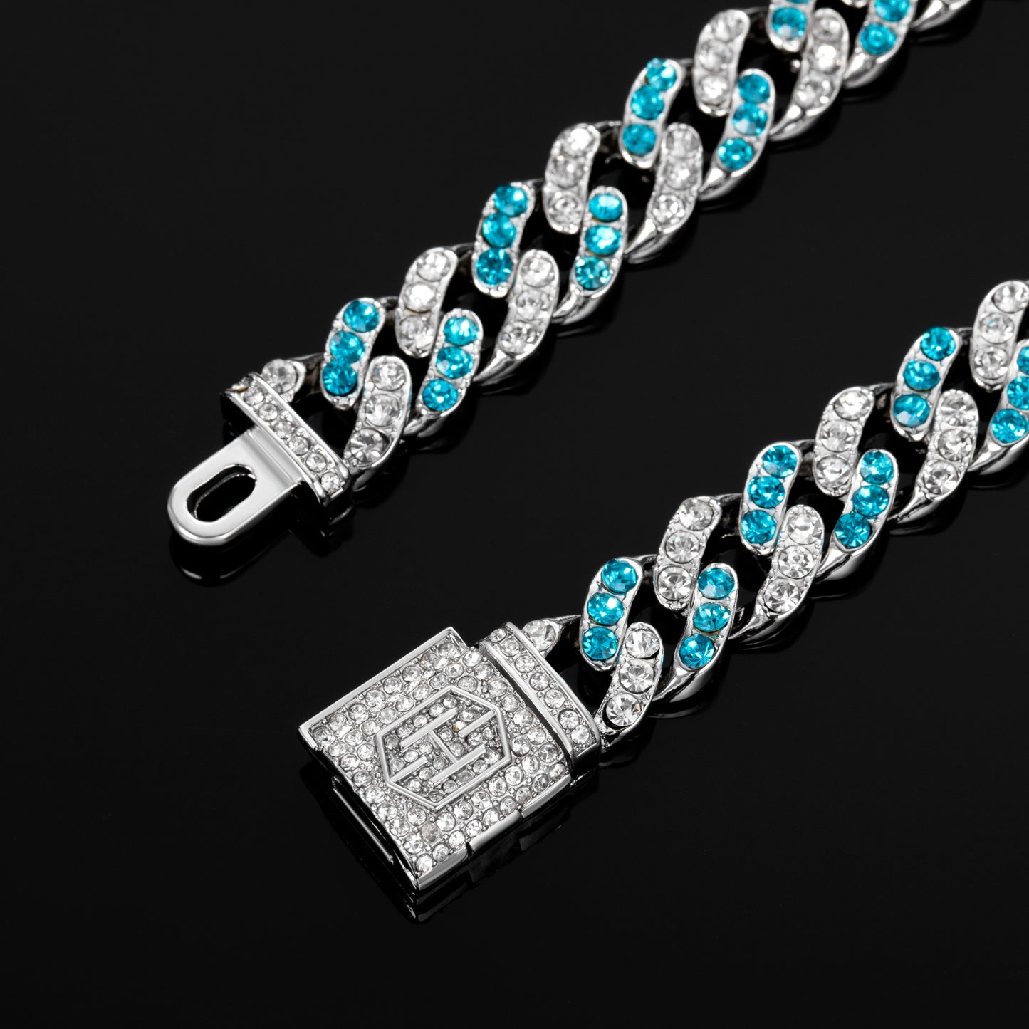 "10mm Moissanite Blue & White Stones Cuban Link Bracelet in White Gold – Iced Out VVS Diamond-Look Hip Hop Jewelry for Men & Women"