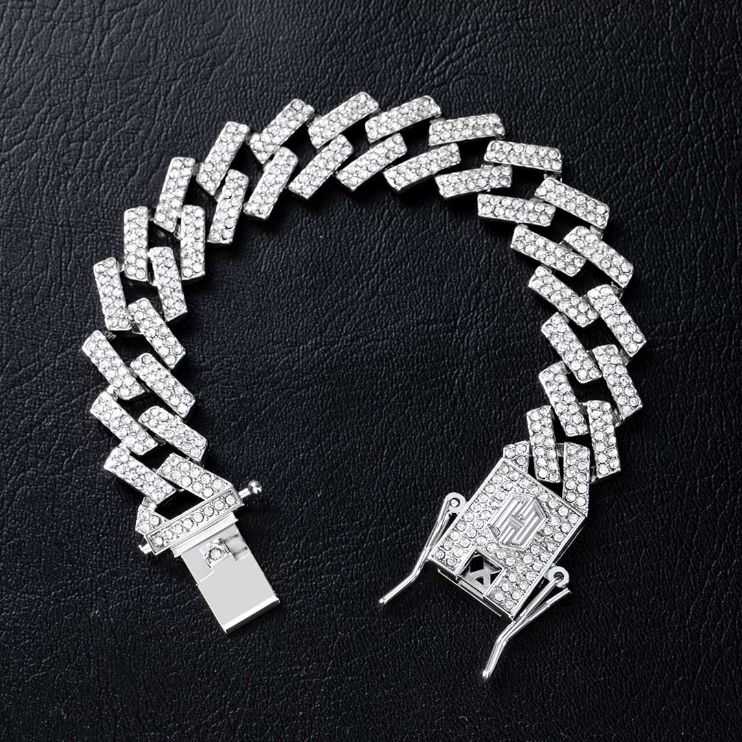 "14mm Moissanite Iced Prong Cuban Link Bracelet in White Gold – VVS Diamond-Look Hip Hop Jewelry for Men & Women"