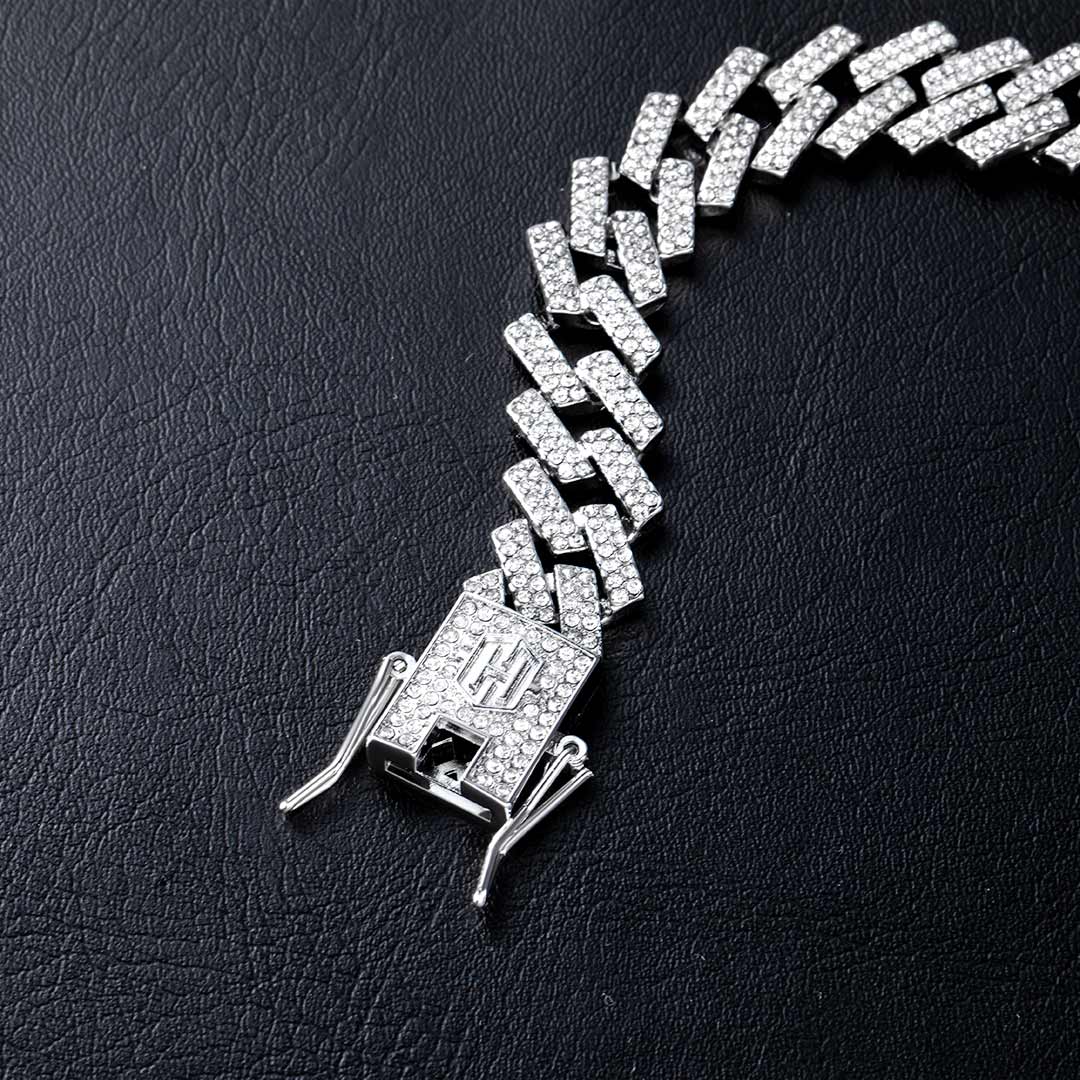"14mm Moissanite Iced Prong Cuban Link Bracelet in White Gold – VVS Diamond-Look Hip Hop Jewelry for Men & Women"