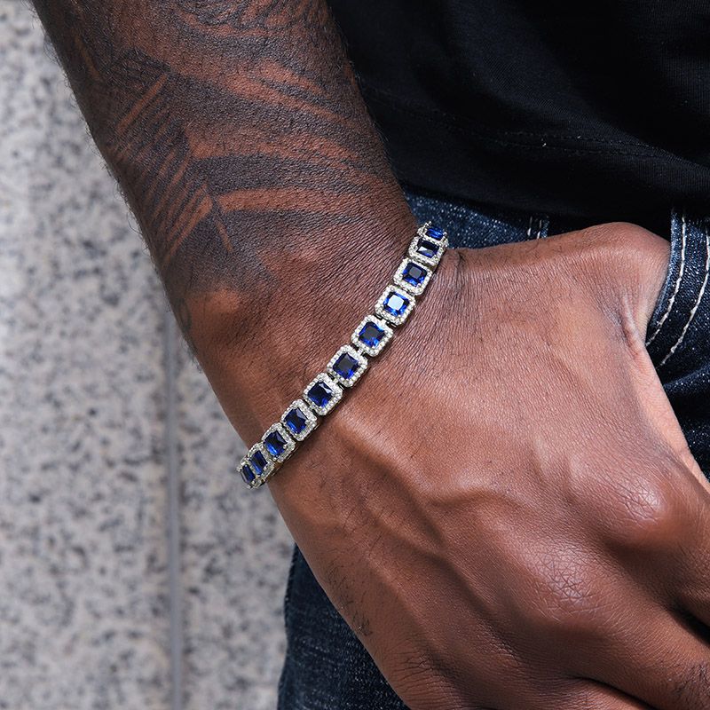 10mm Moissanite & Sapphire Clustered Tennis Bracelet in White Gold – Iced Out VVS Diamond-Look Unisex Luxury Jewelry"