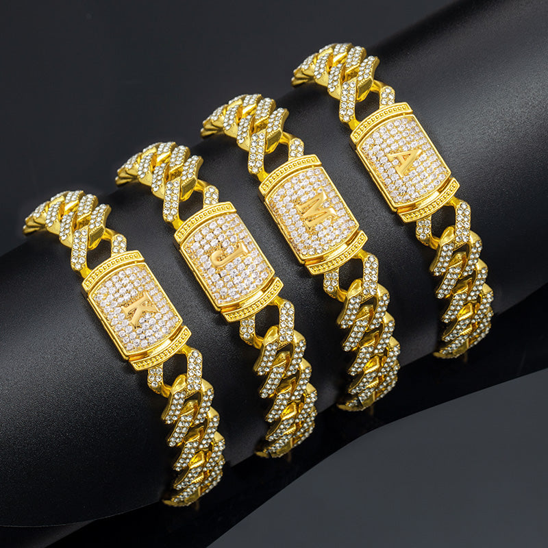 10MM"Moissanite Letter Iced Prong Cuban Link Bracelet in Gold – Custom VVS Diamond-Look Hip Hop Jewelry for Men & Women"