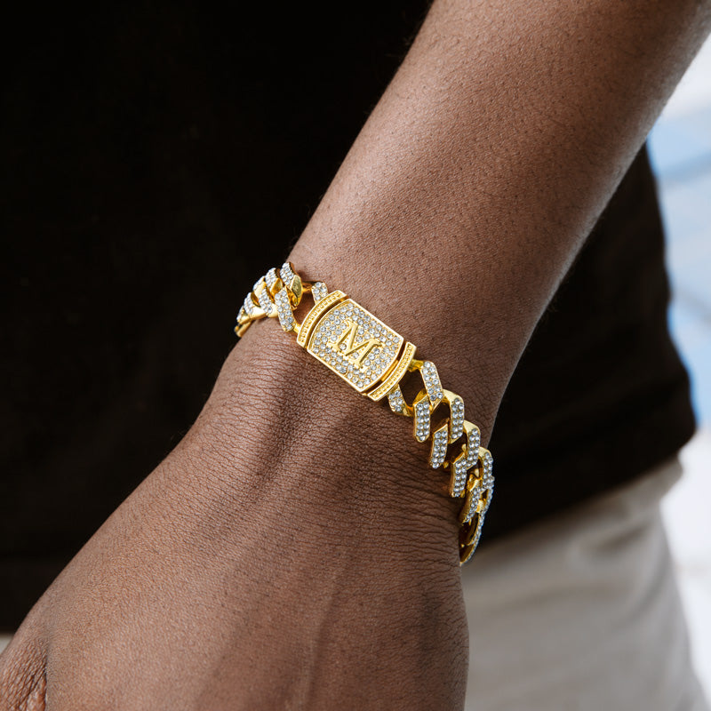 10MM"Moissanite Letter Iced Prong Cuban Link Bracelet in Gold – Custom VVS Diamond-Look Hip Hop Jewelry for Men & Women"