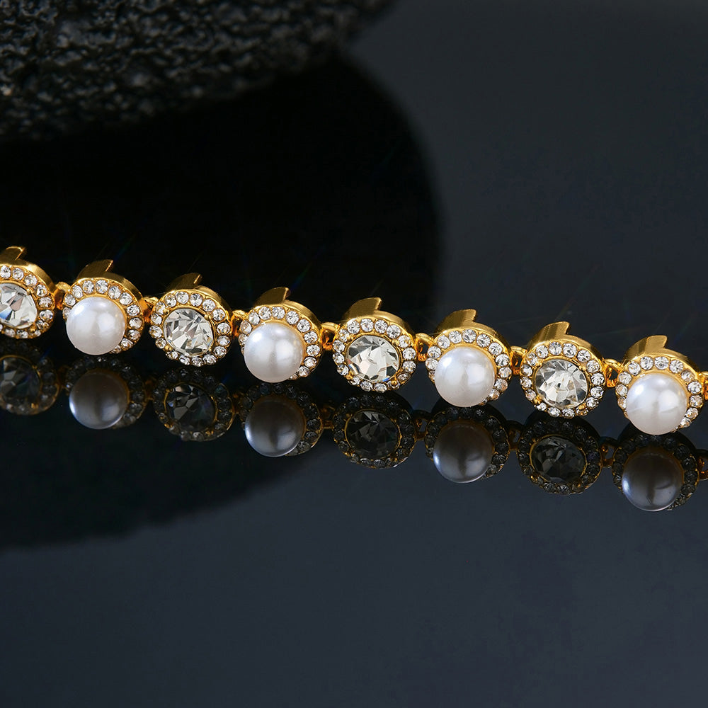 5mm Moissanite & Pearl Tennis Bracelet in Gold – Iced Out VVS Diamond-Look Luxury Jewelry for Women in Yellow, Rose & White Gold
