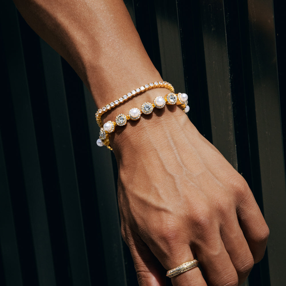 5mm Moissanite & Pearl Tennis Bracelet in Gold – Iced Out VVS Diamond-Look Luxury Jewelry for Women in Yellow, Rose & White Gold