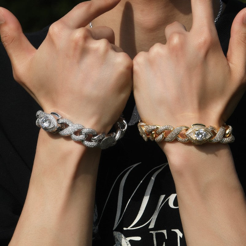 10MM Moissanite Devil Eye & Planet Cuban Link Bracelet – Iced Out VVS Diamond-Look Galaxy-Inspired Jewelry for Men & Women