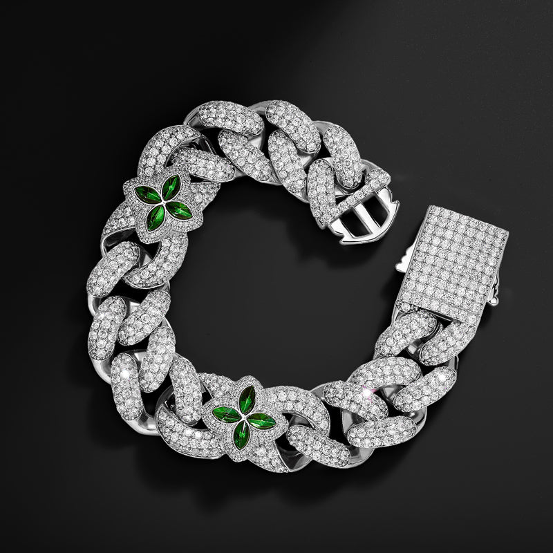 14MM "Moissanite Emerald Four Leaf Clover Cuban Link Bracelet – Iced Out VVS Diamond-Look Lucky Charm Jewelry for Men & Women"