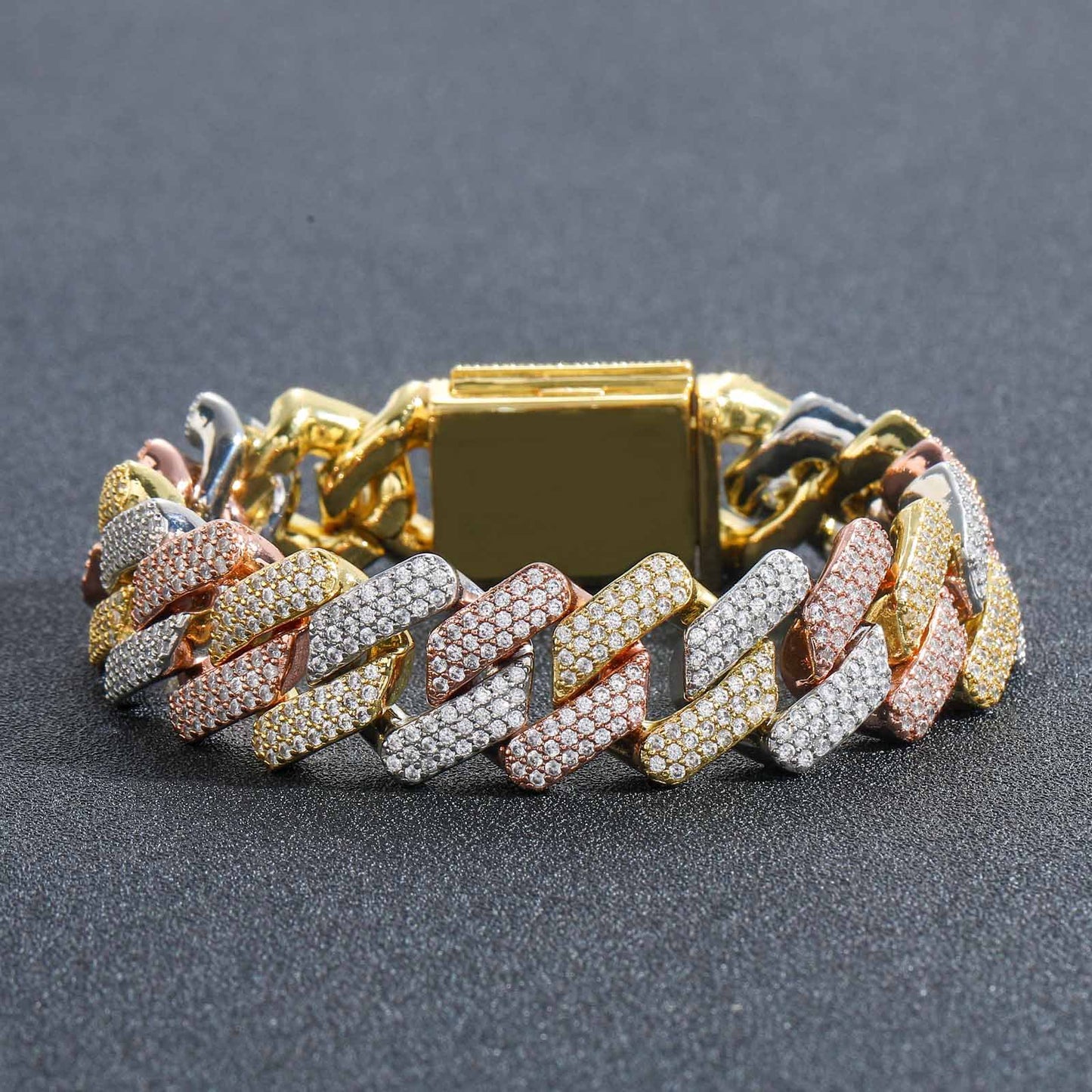 14 MM"Moissanite Handset Tricolor Cuban Link Bracelet – Iced Out VVS Diamond-Look Yellow, Rose & White Gold Jewelry for Men & Women"