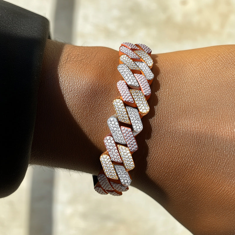 14 MM"Moissanite Handset Tricolor Cuban Link Bracelet – Iced Out VVS Diamond-Look Yellow, Rose & White Gold Jewelry for Men & Women"