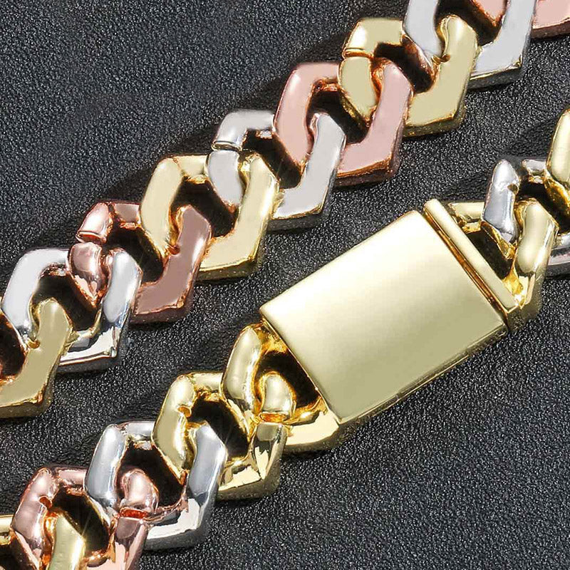 14 MM"Moissanite Handset Tricolor Cuban Link Bracelet – Iced Out VVS Diamond-Look Yellow, Rose & White Gold Jewelry for Men & Women"