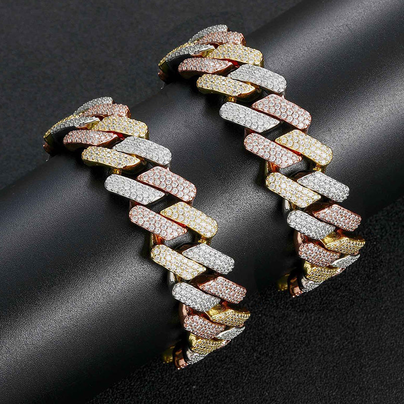 14 MM"Moissanite Handset Tricolor Cuban Link Bracelet – Iced Out VVS Diamond-Look Yellow, Rose & White Gold Jewelry for Men & Women"