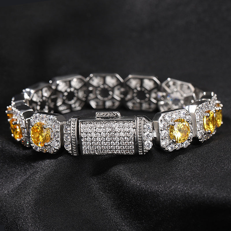 "10mm Moissanite Purple, Pink & Yellow Clustered Tennis Bracelet – Iced Out VVS Diamond-Look Unisex Luxury Jewelry" Ask ChatGPT