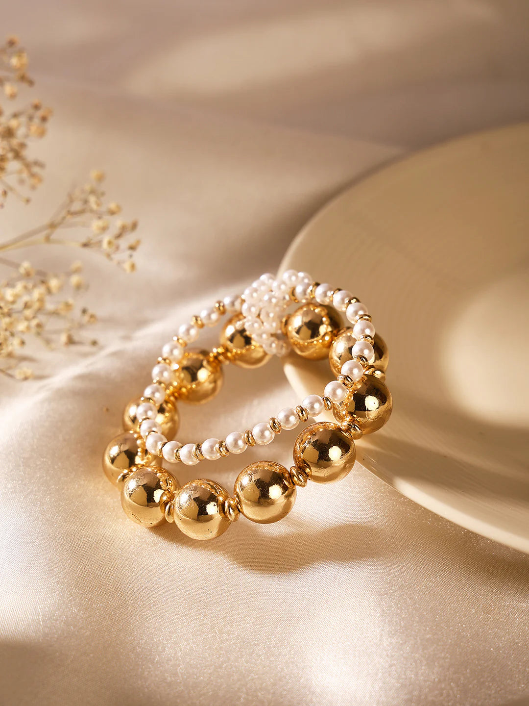 "Artificial Priyaasi Fancy Pearl and Gold Balls Gold Plated Bracelet for Women | Elegant Traditional Jewelry"