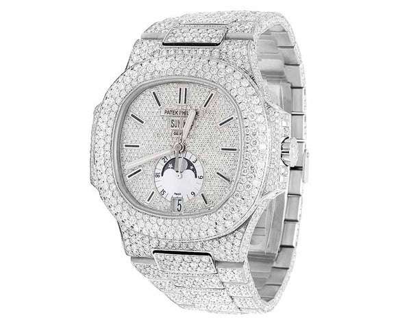 Round VVS Moissanite Diamond Menโs Automatic Watch, White Gold Plated, Iced Out Hip Hop Bling โ Luxury Birthday Gift for Him