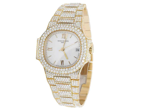 Round VVS Moissanite Menโs Automatic Movement Watch, Iced Out Hip Hop Bust Down, Yellow Gold Plated โ Luxury Birthday Gift for Him