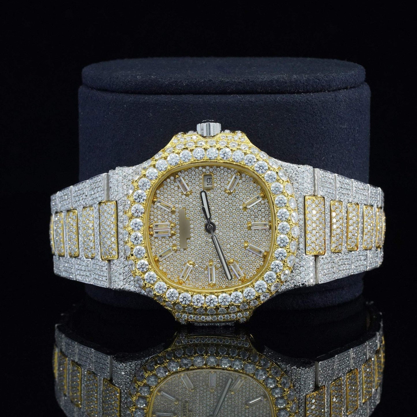 Classic Two-Tone Moissanite Diamond Watch โ Luxury Fully Iced Out VVS Automatic Buss Down Bling Watch for Men