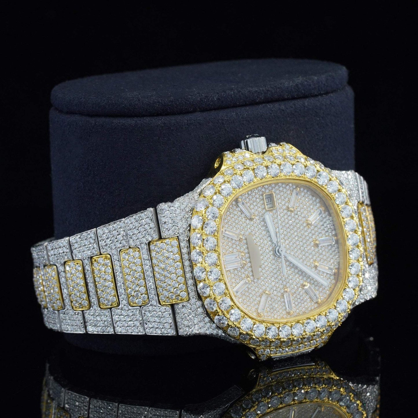 Classic Two-Tone Moissanite Diamond Watch โ Luxury Fully Iced Out VVS Automatic Buss Down Bling Watch for Men