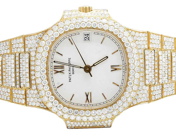 Round VVS Moissanite Menโs Automatic Movement Watch, Iced Out Hip Hop Bust Down, Yellow Gold Plated โ Luxury Birthday Gift for Him
