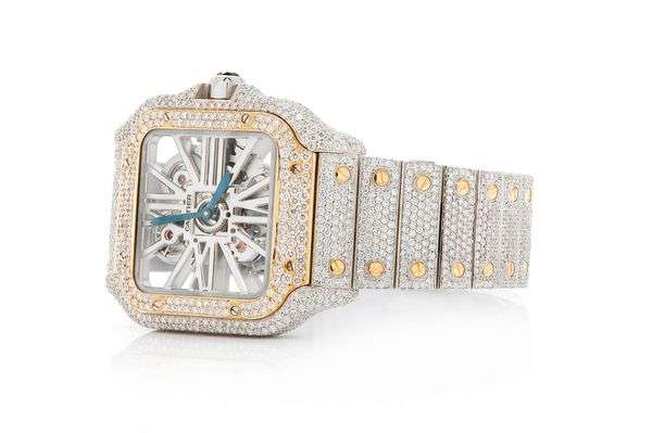 Skeleton VVS Moissanite Menโs Wrist Watch - Luxury Stainless Steel White & Yellow Gold Plated, Iced Out Watch for Birthday Gift