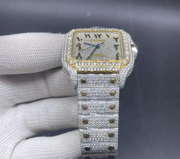 VVS Moissanite Menโs Watch - Stainless Steel White & Yellow Gold Plated Arabic Dial Luxury Watch, Ideal Birthday Gift for Him