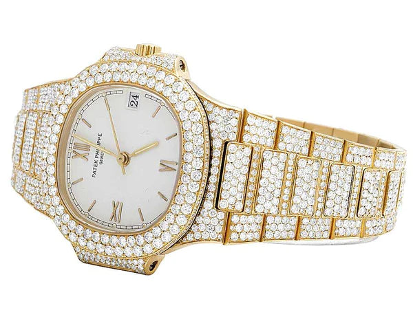 Round VVS Moissanite Menโs Automatic Movement Watch, Iced Out Hip Hop Bust Down, Yellow Gold Plated โ Luxury Birthday Gift for Him