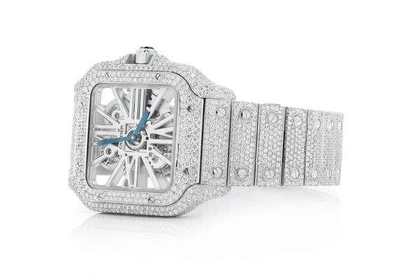Skeleton VVS Diamond Menโs Watch, Stainless Steel White Gold Plated โ Luxury Birthday Gift Watch for Him