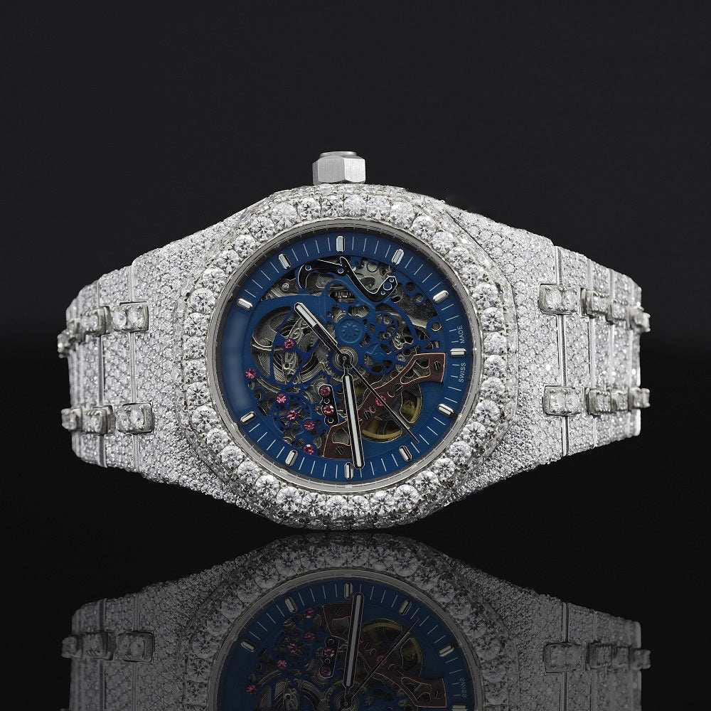 Moissanite Diamond Iced-Out Blue Dial Skeleton Watch โ Automatic Luxury Timepiece for Men with Ultimate Shine & Bold Style