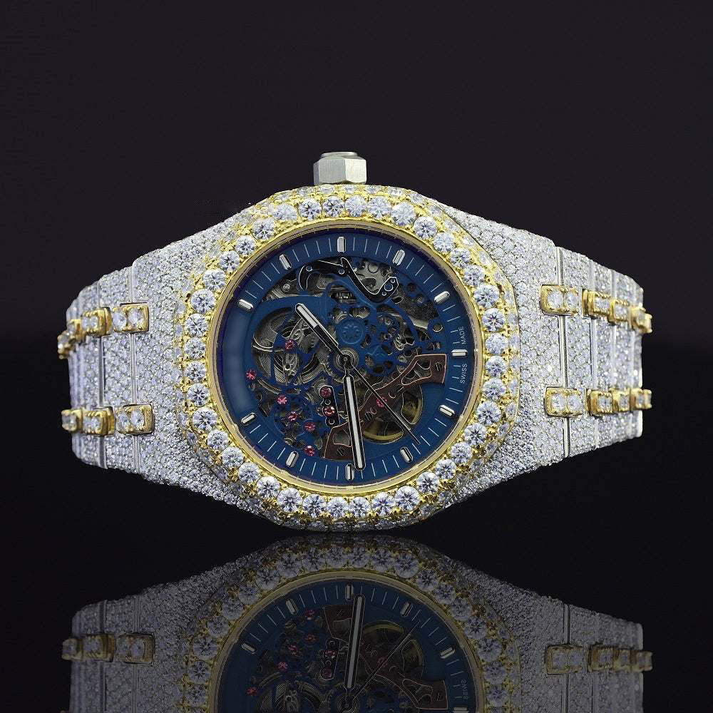 Moissanite Diamond Iced-Out Blue Dial Skeleton Watch โ Automatic Luxury Timepiece for Men with Ultimate Shine & Bold Style