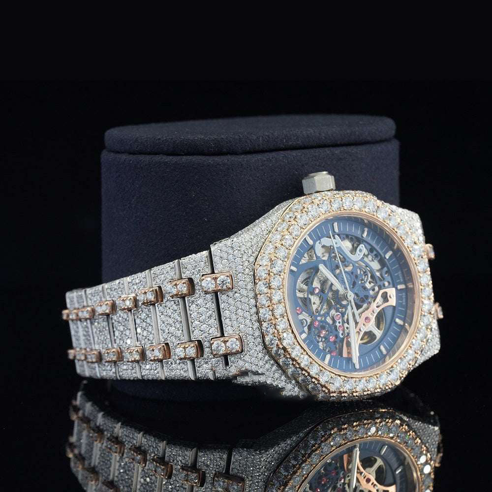 Moissanite Diamond Iced-Out Blue Dial Skeleton Watch โ Automatic Luxury Timepiece for Men with Ultimate Shine & Bold Style