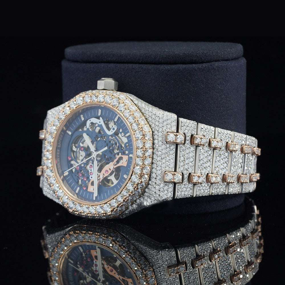 Moissanite Diamond Iced-Out Blue Dial Skeleton Watch โ Automatic Luxury Timepiece for Men with Ultimate Shine & Bold Style