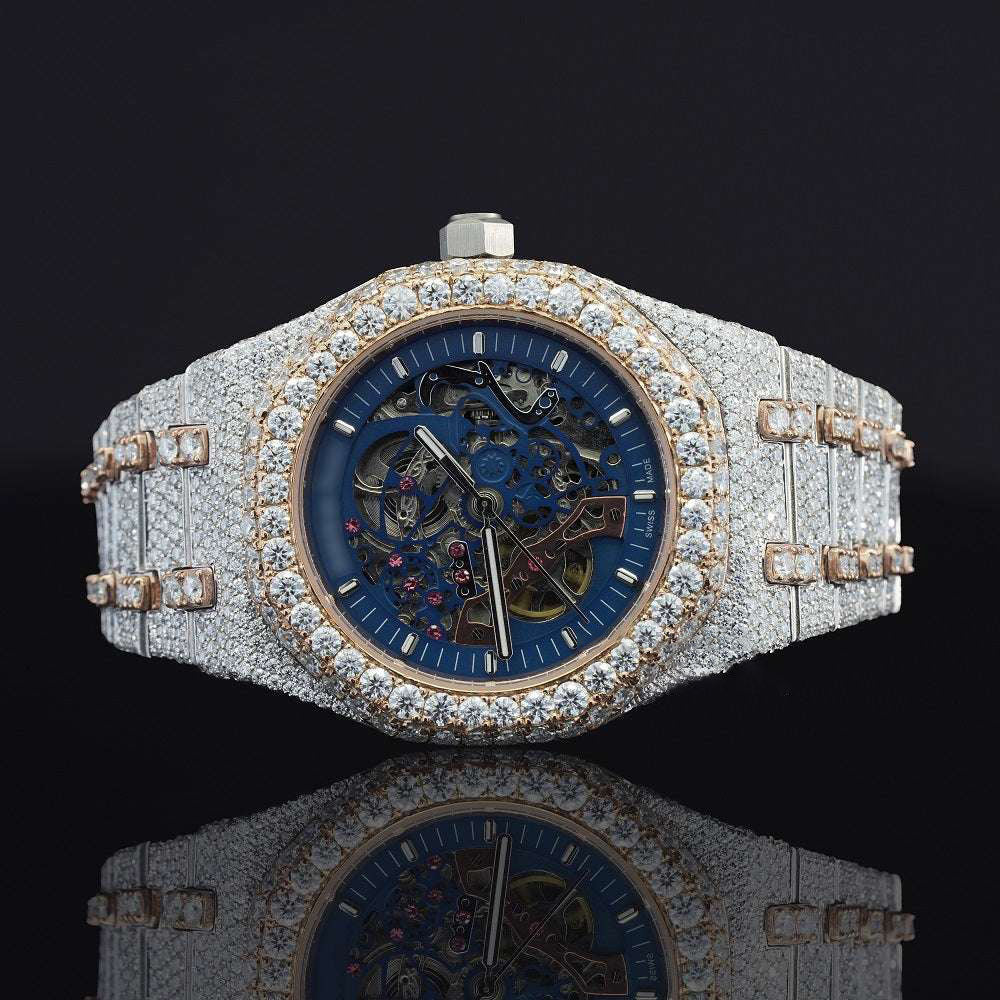 Moissanite Diamond Iced-Out Blue Dial Skeleton Watch – Automatic Luxury Timepiece for Men with Ultimate Shine & Bold Style
