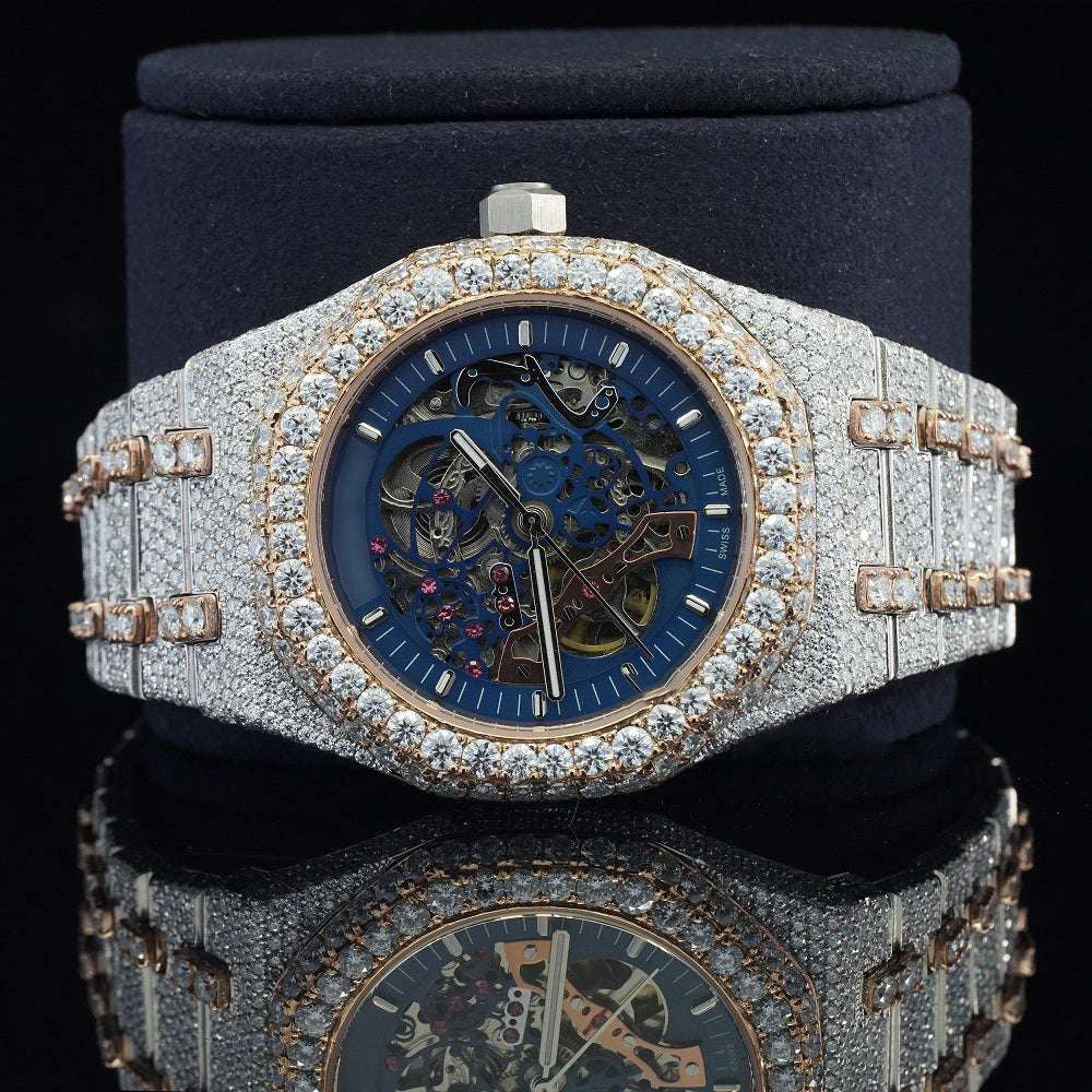 Moissanite Diamond Iced-Out Blue Dial Skeleton Watch โ Automatic Luxury Timepiece for Men with Ultimate Shine & Bold Style