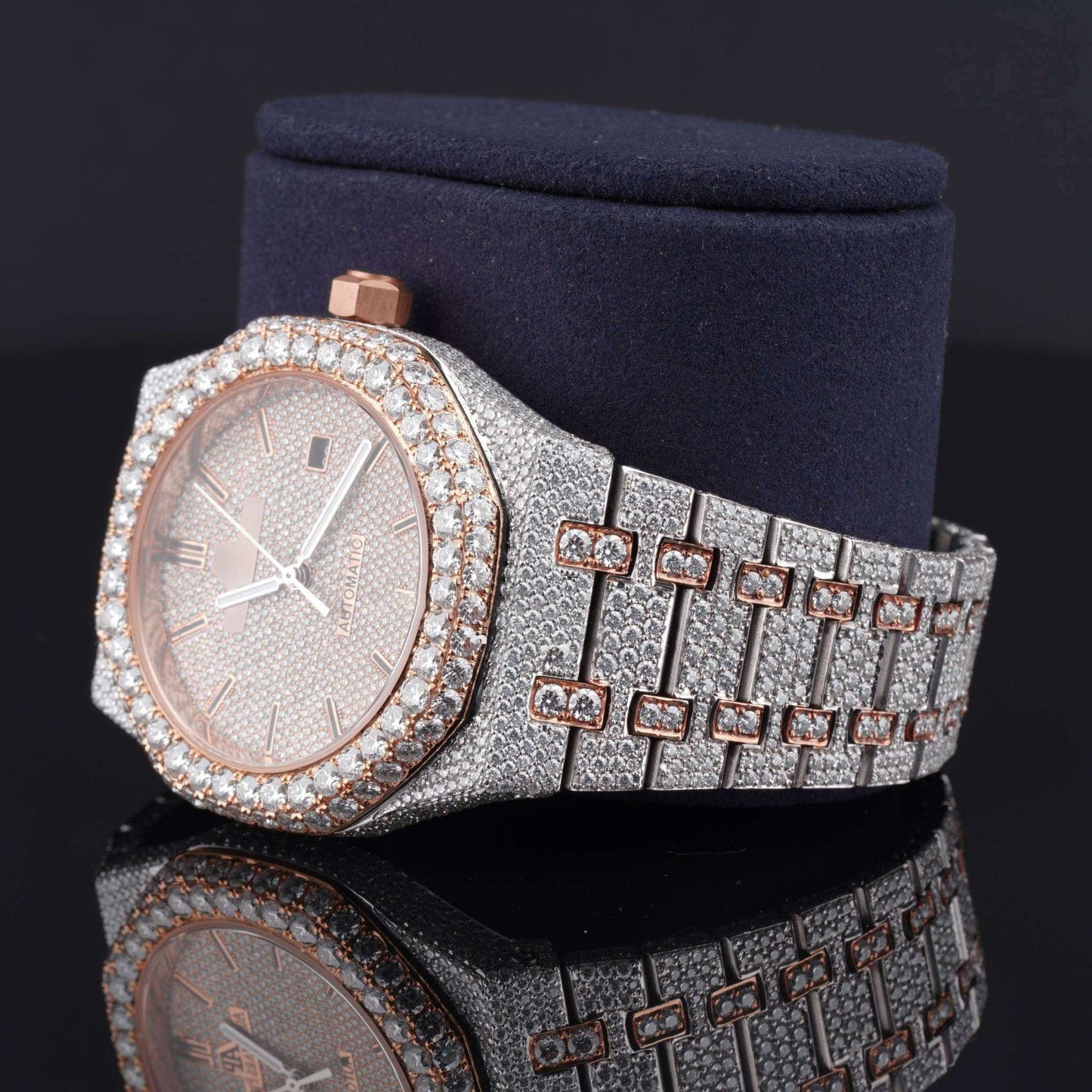 Classic Moissanite Diamond Iced-Out Bust Down Automatic Watch โ Rose, White & Yellow Gold Plated Luxury Timepiece