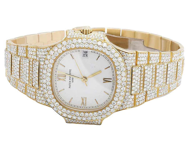 Round VVS Moissanite Menโs Automatic Movement Watch, Iced Out Hip Hop Bust Down, Yellow Gold Plated โ Luxury Birthday Gift for Him