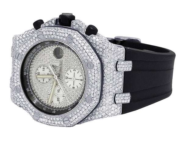 Full Iced Out VVS Moissanite Diamond Men's Watch, Black Silicon Band, Chronograph Function, 42mm โ Hip Hop Bust Down Luxury Watch