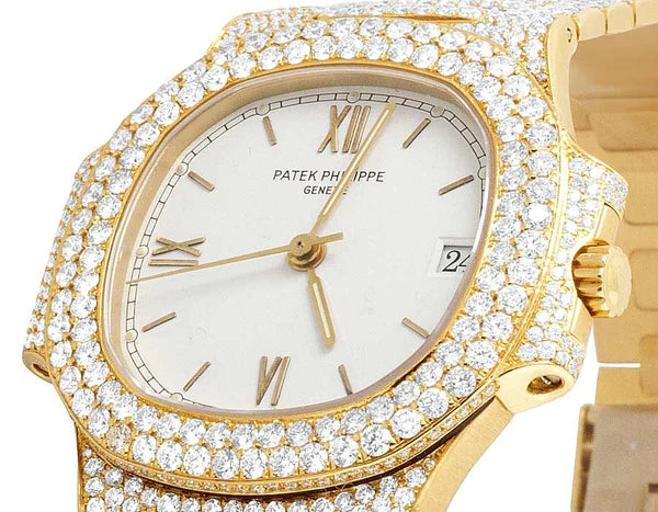 Round VVS Moissanite Menโs Automatic Movement Watch, Iced Out Hip Hop Bust Down, Yellow Gold Plated โ Luxury Birthday Gift for Him