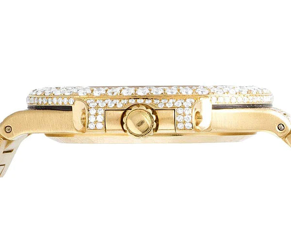 Round VVS Moissanite Menโs Automatic Movement Watch, Iced Out Hip Hop Bust Down, Yellow Gold Plated โ Luxury Birthday Gift for Him