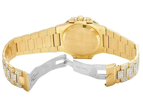 Round VVS Moissanite Menโs Automatic Movement Watch, Iced Out Hip Hop Bust Down, Yellow Gold Plated โ Luxury Birthday Gift for Him