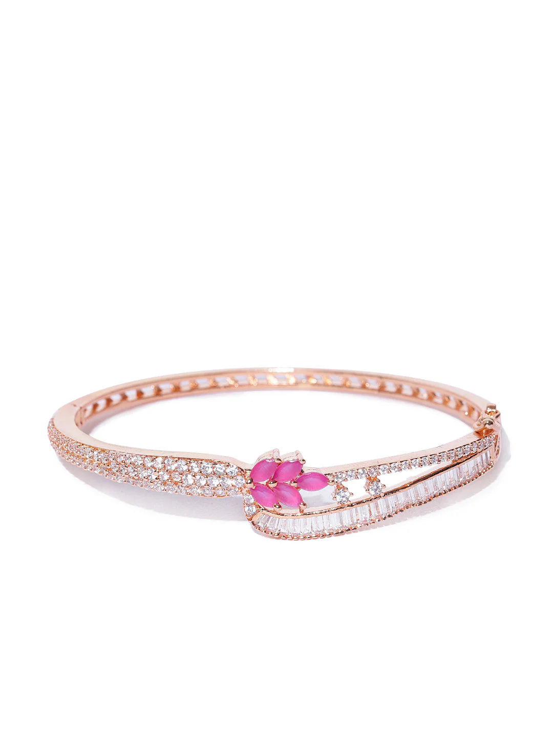 "Artificial Rose Gold-Plated Ruby and American Diamond Studded Floral Bracelet for Women | Elegant Adjustable Jewelry"