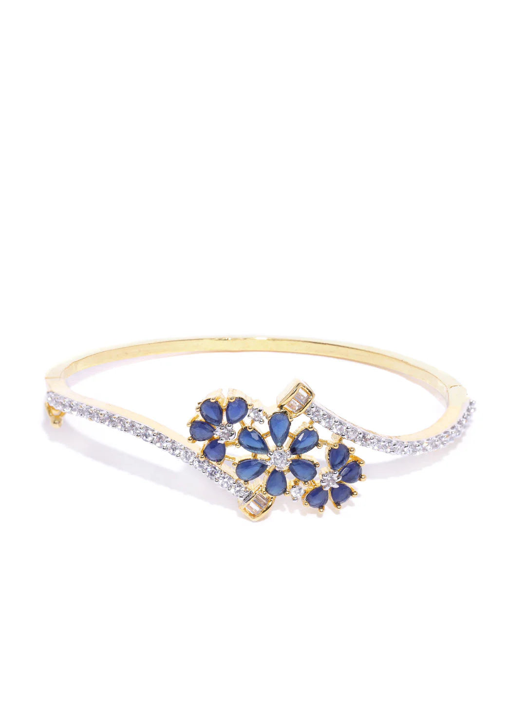 "Artificial Gold Plated Blue Floral American Diamond Bracelet for Women | Elegant Adjustable Jewelry"