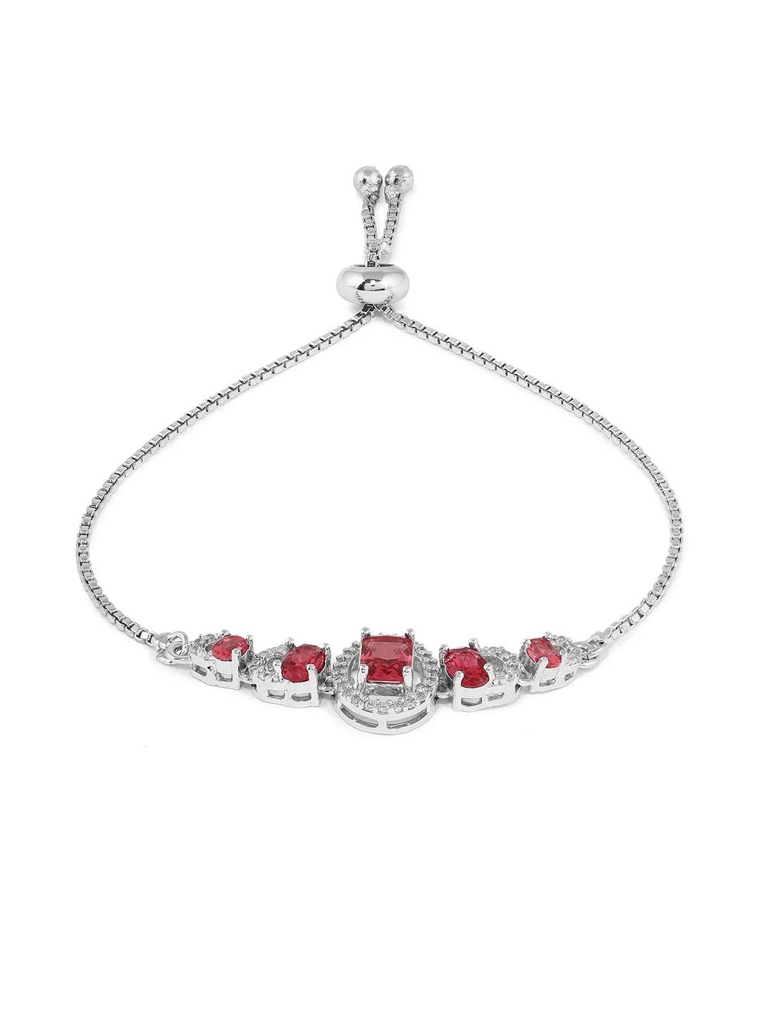 "Artificial Priyaasi Red Geometric Chain Bracelet for Women | Silver-Plated American Diamond Push-Back Elegant Jewelry"