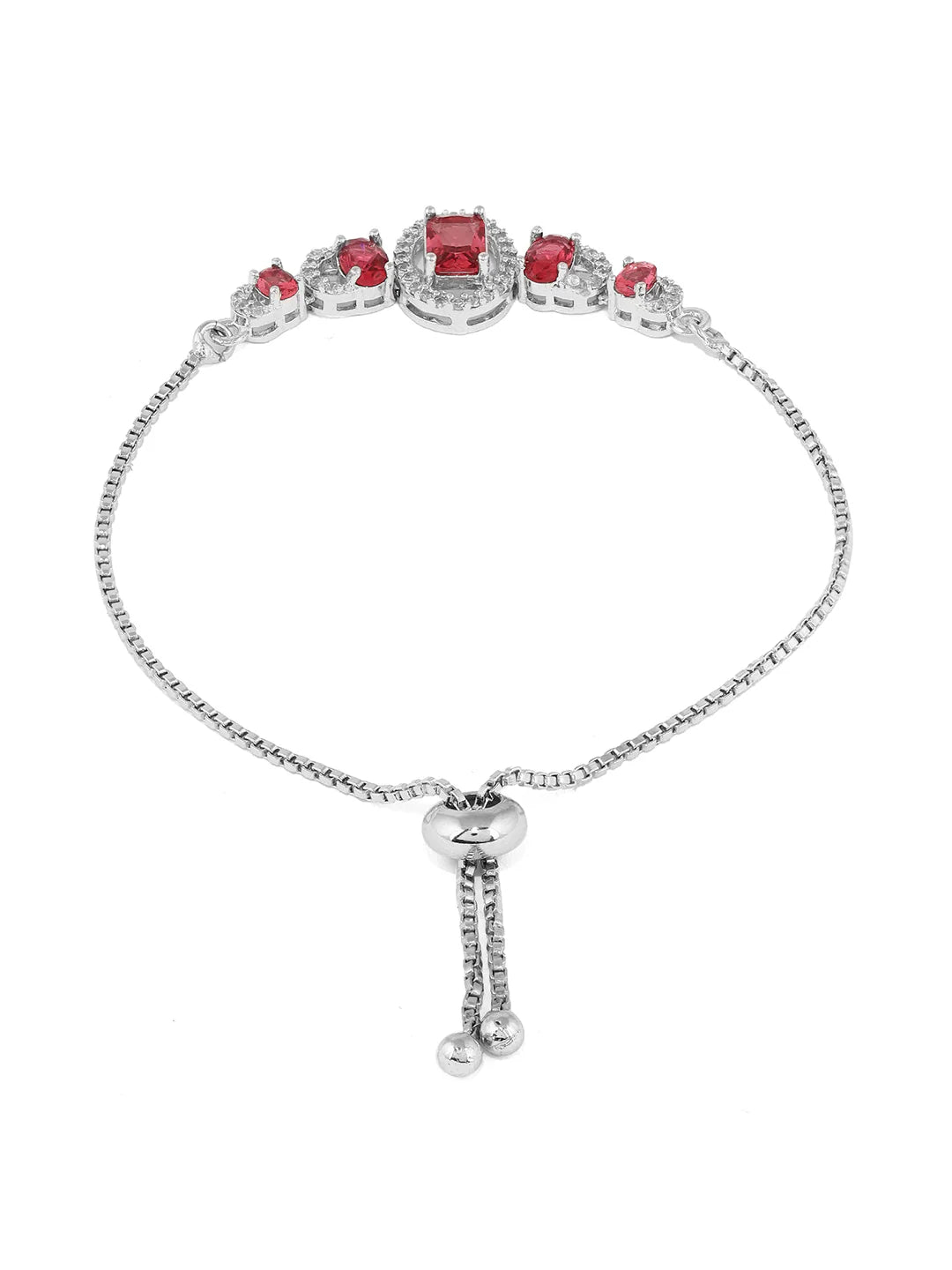 "Artificial Priyaasi Red Geometric Chain Bracelet for Women | Silver-Plated American Diamond Push-Back Elegant Jewelry"