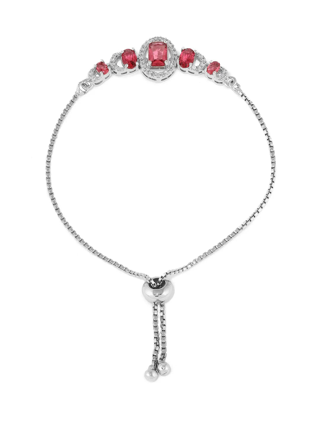 "Artificial Priyaasi Red Geometric Chain Bracelet for Women | Silver-Plated American Diamond Push-Back Elegant Jewelry"