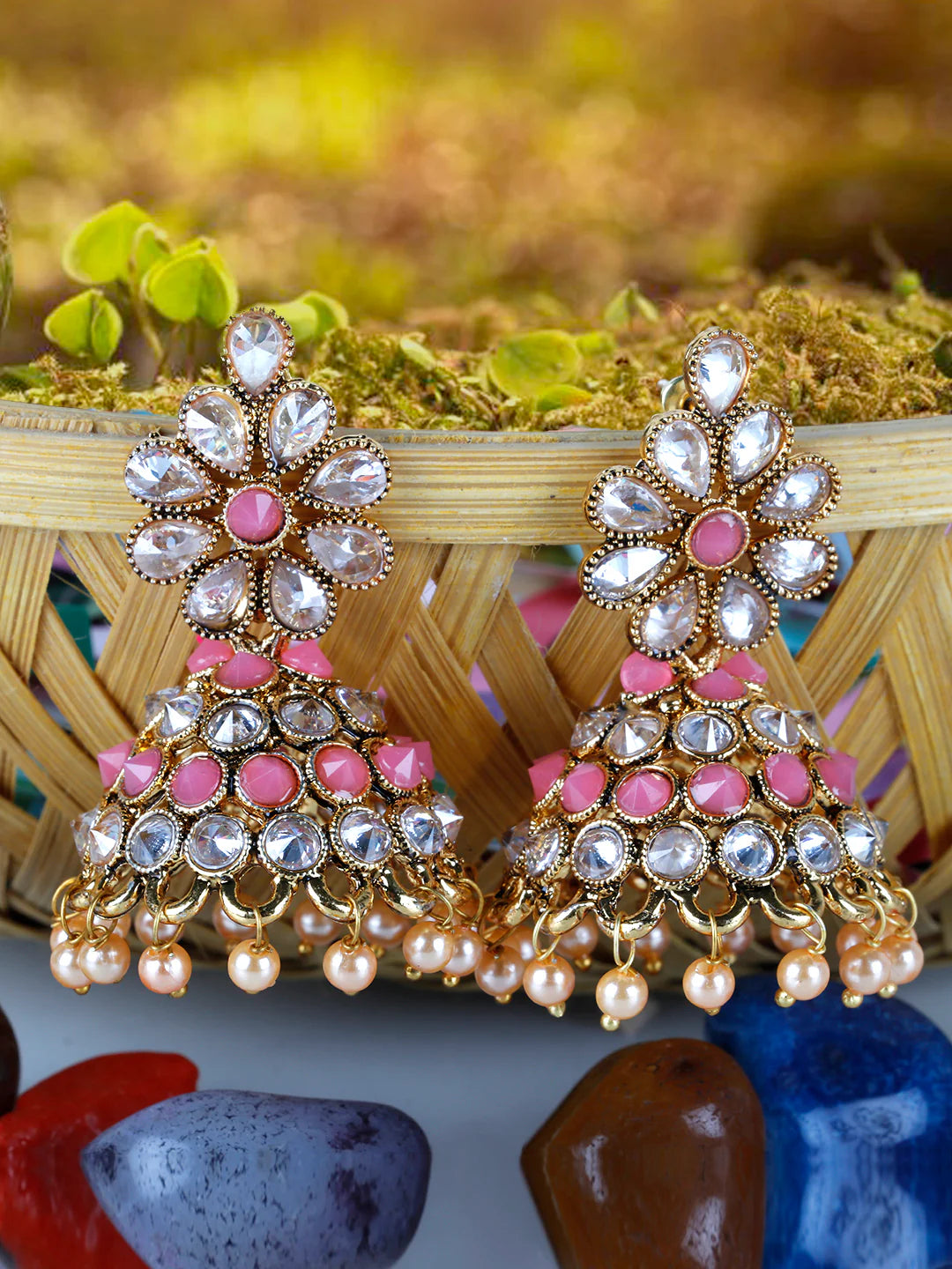 "Artificial Pink Gold-Plated Stones Studded Floral Patterned Jhumka Earrings for Women | Pink & White Traditional Ethnic Jewelry"