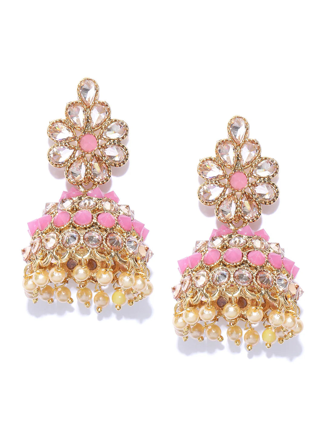 "Artificial Pink Gold-Plated Stones Studded Floral Patterned Jhumka Earrings for Women | Pink & White Traditional Ethnic Jewelry"