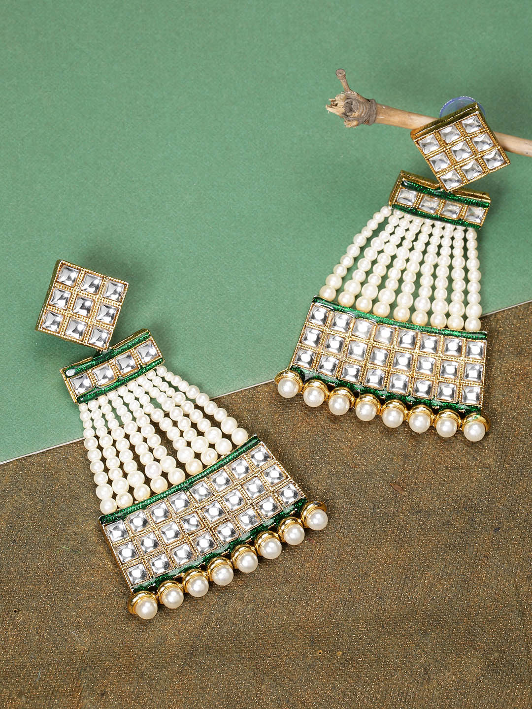 "Artificial Gold-Plated Kundan and Pearls Studded Drop Earrings for Women | Traditional Ethnic Jewelry"