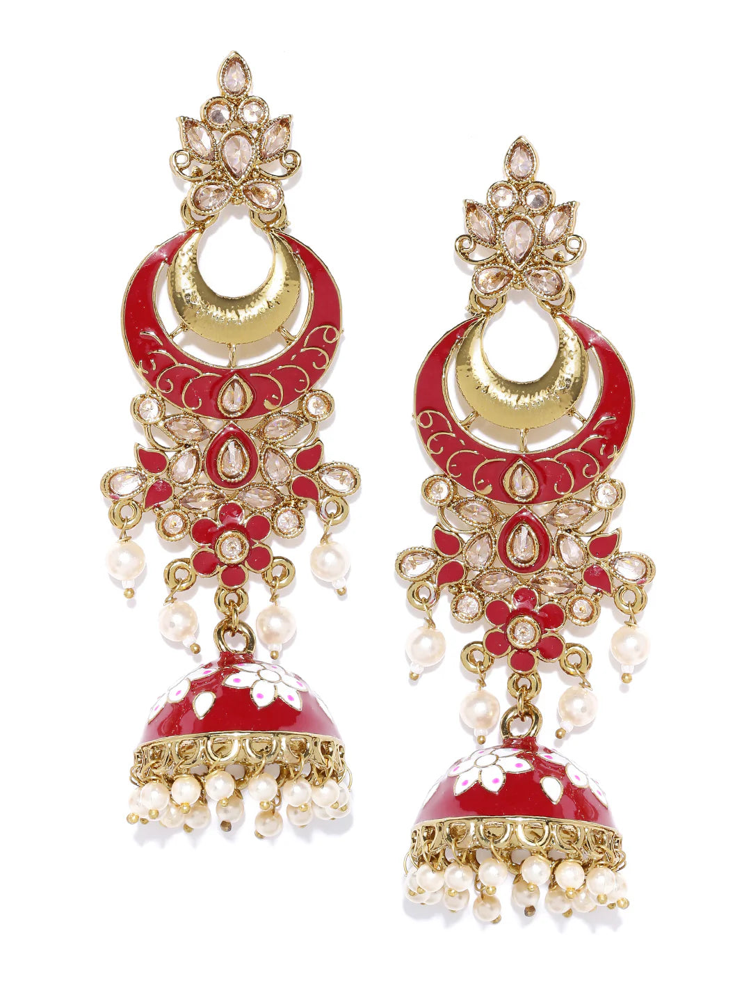"Artificial Gold-Plated Meenakari Jhumka Earrings for Women | Maroon & White Stones Studded Traditional Jewelry"